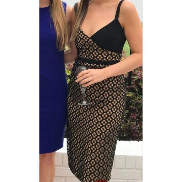 CINQ a SEPT Sera Printed Nude Black Lace Layover Sheath Midi Dress Size 2 - Picture 4 of 13